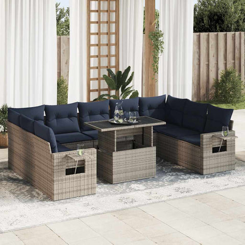 10 Piece Garden Sofa Set with Cushions Grey Poly Rattan Acacia 3326542