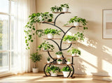 Tree-shaped Plant Stand with 4 Grow Lights, Black Iron Tube & Weathered Wood MDF, With Wheels, 26624629