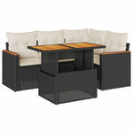 ZNTS 5 Piece Garden Sofa Set with Cushions Black Poly Rattan Acacia 3327479