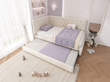 Upholstered Bed Daybed with Pull-Out Bed, 3FT Single Sofa Bed 90 x 190 cm, Ottoman Bed Trundle Beds N601P377081B