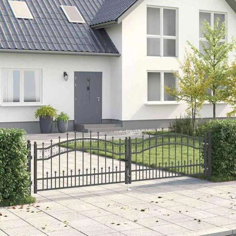 Fence Gate with Spear Top with Lock Grey 305 x 75 cm Steel 42009042