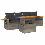 5 Piece Garden Sofa Set with Cushions Grey Poly Rattan Acacia 3327546