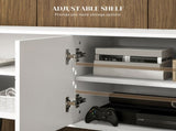 TV Stand with Cupboard, Open Shelves, Striped Doors, Wooden legs, White T3398P344513
