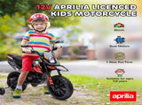 12V Aprilia Licensed Kids Motorbike with Training Wheels, Spring Suspension, LED Headlight, USB, T3398P348446