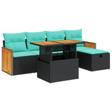 6 Piece Garden Sofa Set with Cushions Black Poly Rattan Acacia 3328149