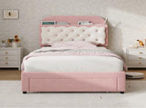 3ft Single Velvet Upholstered Bed Frame, Adjustable Cookie Shaped Storage Headboard with Storage N652P420241P
