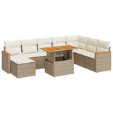 ZNTS 9 Piece Garden Sofa Set with Cushions Beige Poly Rattan Acacia 3327523