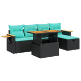 6 Piece Garden Sofa Set with Cushions Black Poly Rattan Acacia 3328128