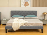 Double Bed Frame with 5-Level Adjustable Linen Upholstered Headboard, Wooden Slats Mattress T3398P330372