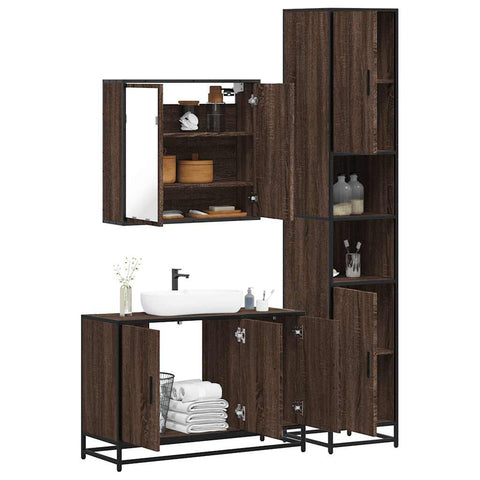 ZNTS 3 Piece Bathroom Furniture Set Brown Oak Engineered Wood 3301074