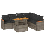 ZNTS 7 Piece Garden Sofa Set with Cushions Grey Poly Rattan Acacia 3327497