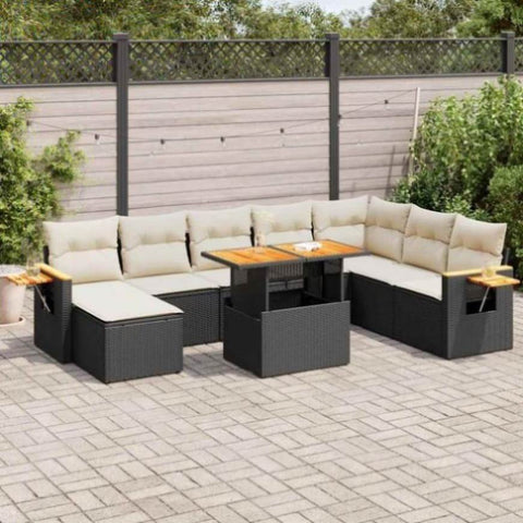9 Piece Garden Sofa Set with Cushions Black Poly Rattan Acacia 3327633