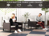 3 Pieces Rattan Bistro Set with 4 Cushions, Wicker Garden Furniture Set, Glass Top Coffee Table and T3398P327935