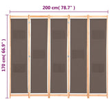 5-Panel Room Divider Brown 200x170x4 cm Fabric 248181