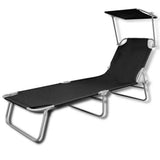 41197 Folding Sun Lounger with Canopy Steel and Fabric Black