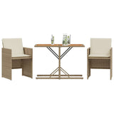 3 Piece Bistro Set with Cushions Beige Poly Rattan 365069