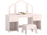 Kids Dressing Table, Kids Vanity Table and Chair Set with Tri-Folding Mirror, 2 Drawers, 2 Cabinets T3398P548791