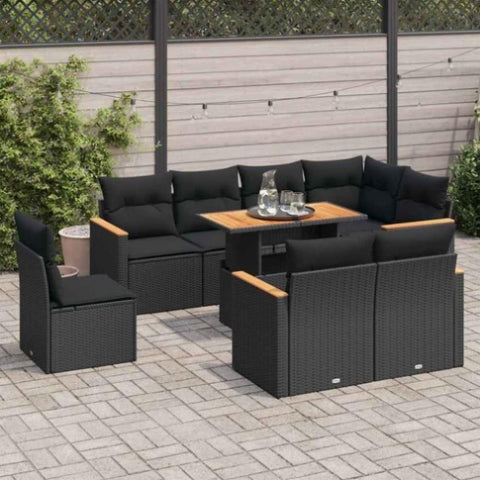 ZNTS 9 Piece Garden Sofa Set with Cushions Black Poly Rattan Acacia 3327499