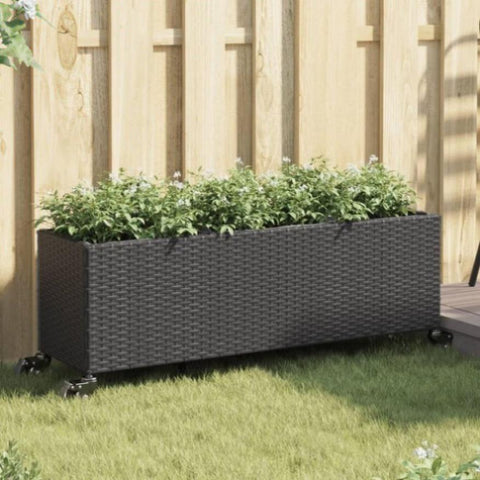 ZNTS Garden Planter with Wheels and 3 Pots Black 107x32x38 cm Poly Rattan 366419