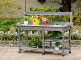 Garden Potting Table, Wooden Workstation Bench w/ Galvanized Metal Tabletop, Drawer, Storage Shelves T3398P314168