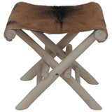 Folding Stool Goatskin Leather and Solid Teak Wood 288815