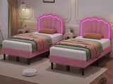 3ft Single Upholstered Bed with LED Adjustable Shell Shape Headboard, Soft Velvet Bed Frame with N652P242015P