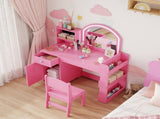 Kids Vanity Table and Chair Set, Girls Dressing Table with 2-Colour LED Mirror, Stool, Cabinet, T3398P422153