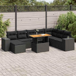 ZNTS 9 Piece Garden Sofa Set with Cushions Black Poly Rattan Acacia 3327408