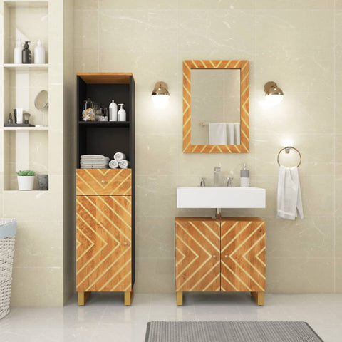 ZNTS 3 Piece Bathroom Cabinet Set Brown and Black Solid Wood Mango 3206290