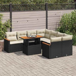 ZNTS 9 Piece Garden Sofa Set with Cushions Black Poly Rattan Acacia 3327465