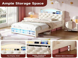 3ft Single Upholstered Velvet Bed Frame, LED Bed Frame with Charging Station & Diamond Tufted N652P399022B