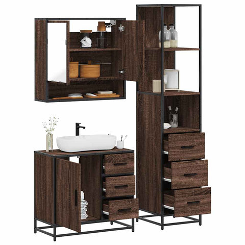 ZNTS 3 Piece Bathroom Furniture Set Brown Oak Engineered Wood 3301169