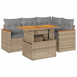 ZNTS 5 Piece Garden Sofa Set with Cushions Beige Poly Rattan Acacia 3327482