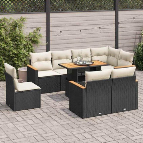 ZNTS 9 Piece Garden Sofa Set with Cushions Black Poly Rattan Acacia 3327500