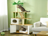 2-in-1 Hidden Cat Litter Box, Green Leaf Cat Tree, with House, Ladder, Scratching Posts, Platforms, T3398P349990