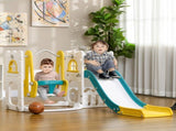 6-in-1 Swing and Slide Set, Kids Playground with Basketball Hoop, Telescope, Storage Space - Yellow T3398P422178
