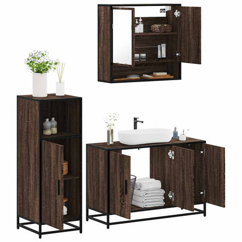 ZNTS 3 Piece Bathroom Furniture Set Brown Oak Engineered Wood 3300984