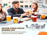 7 Piece Garden Dining Set, Outdoor Table and 6 Stackable Chairs, Steel Frame, Tempered Glass Top T3398P315966