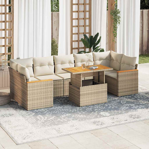 ZNTS 7 Piece Garden Sofa Set with Cushions Beige Poly Rattan Acacia 3327460