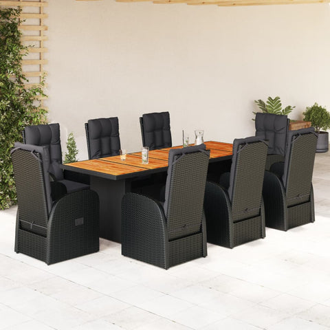 ZNTS 9 Piece Garden Dining Set with Cushions Black Poly Rattan 3277651