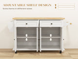 Rolling Kitchen Island Storage Trolley with Rubber Wood Top & Drawers for Dining Room, Cream White T3398P328327