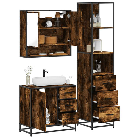 ZNTS 3 Piece Bathroom Furniture Set Smoked Oak Engineered Wood 3301167