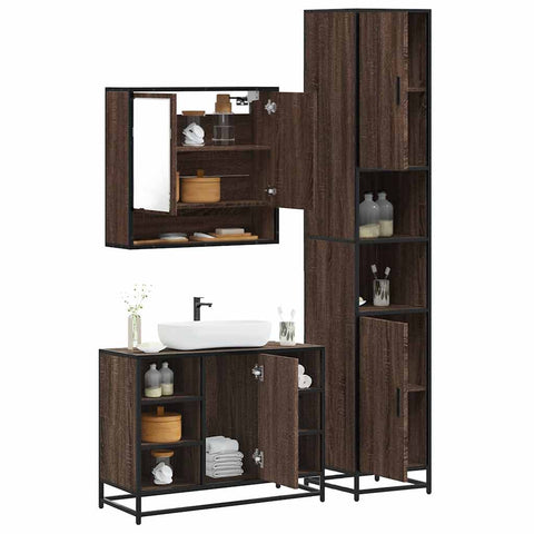 ZNTS 3 Piece Bathroom Furniture Set Brown Oak Engineered Wood 3301124