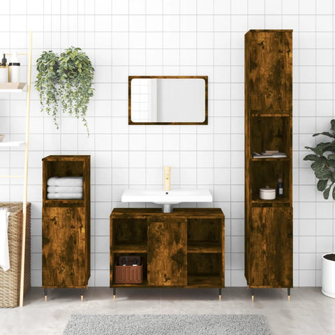 ZNTS 3 Piece Bathroom Furniture Set Smoked Oak Engineered Wood 3190296
