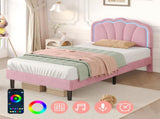 3ft Single Upholstered Bed with LED Adjustable Shell Shape Headboard, Soft Velvet Bed Frame with N652P242015P