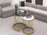Round Coffee Modern Coffee Table Set of 2 Marble Pattern Top with Metal Frame, Small Side WF307775AAA