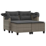 Garden Sofa 2-Seater with Canopy and Stools Grey Poly Rattan 365783