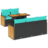 6 Piece Garden Sofa Set with Cushions Black Poly Rattan Acacia 3327662