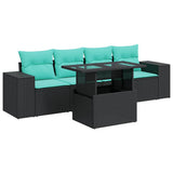 5 Piece Garden Sofa Set with Cushions Black Poly Rattan Acacia 3326718