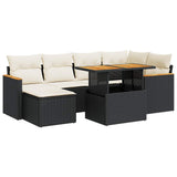 ZNTS 7 Piece Garden Sofa Set with Cushions Black Poly Rattan Acacia 3327507